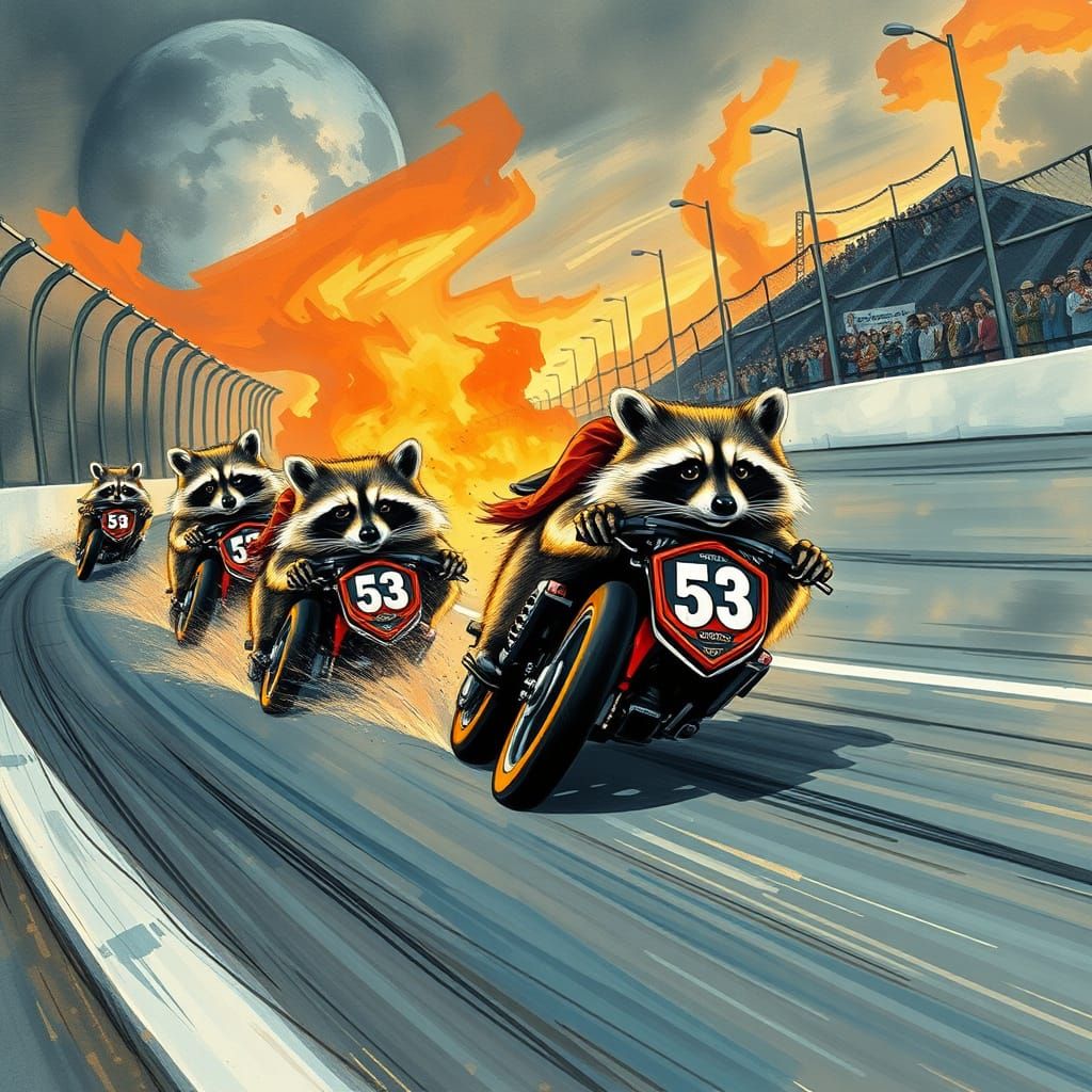 Raccoons Race at Indy 500 in Ink Style
