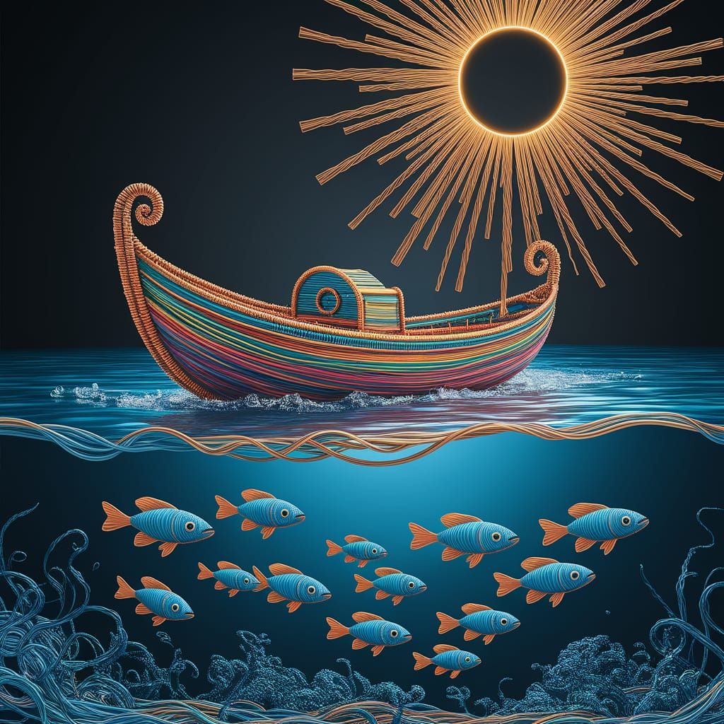 Wireframe Boat on Lake in Digital Art Style