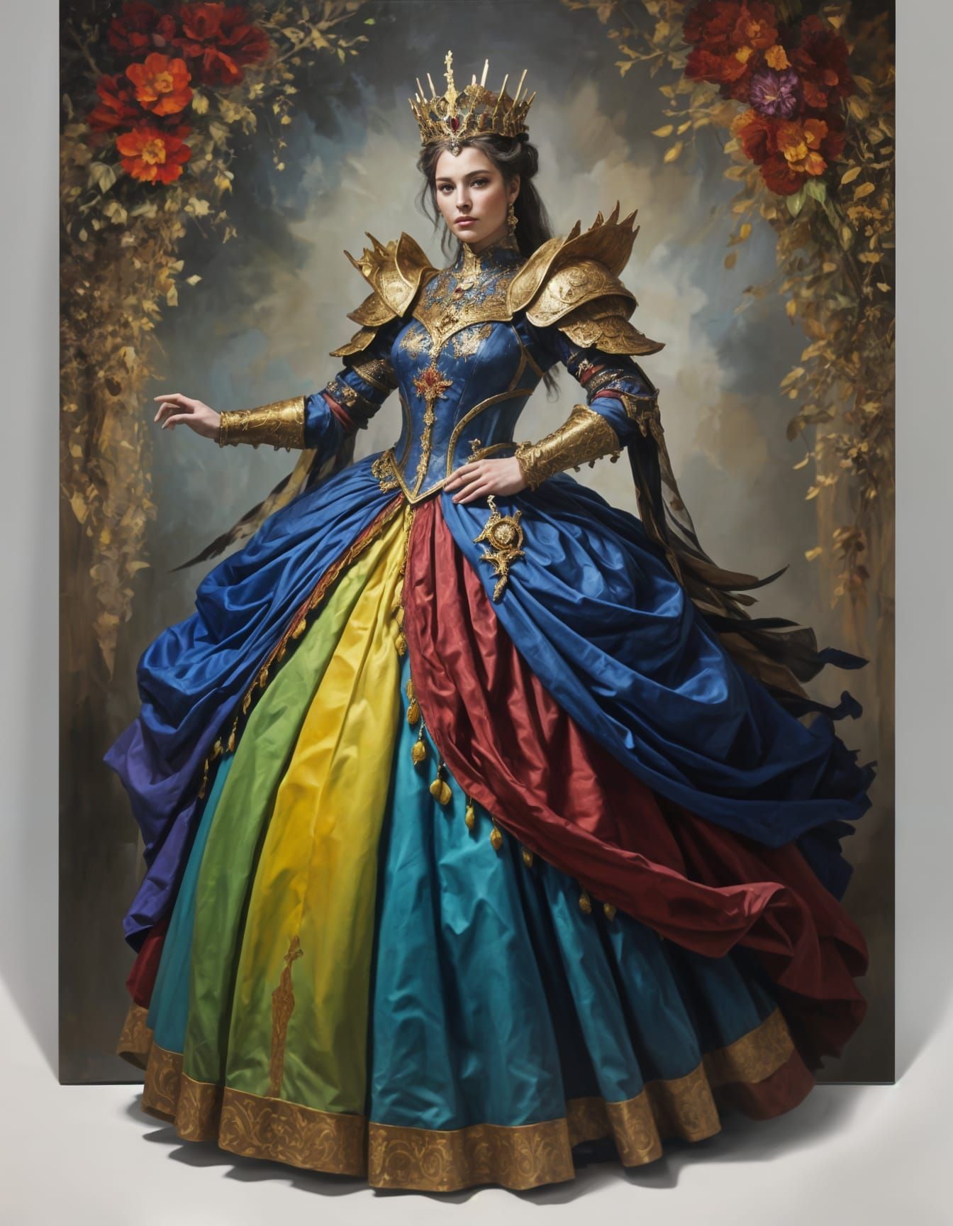Fantasy Queen in Colorful Armor Dress, Elaborate Oil Paintin...