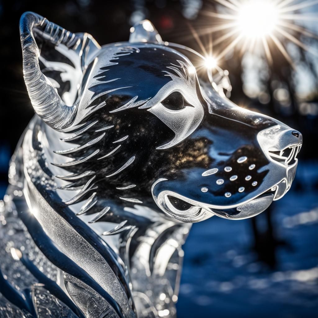 Hyperrealistic Translucent Ice Sculpture of a Dog