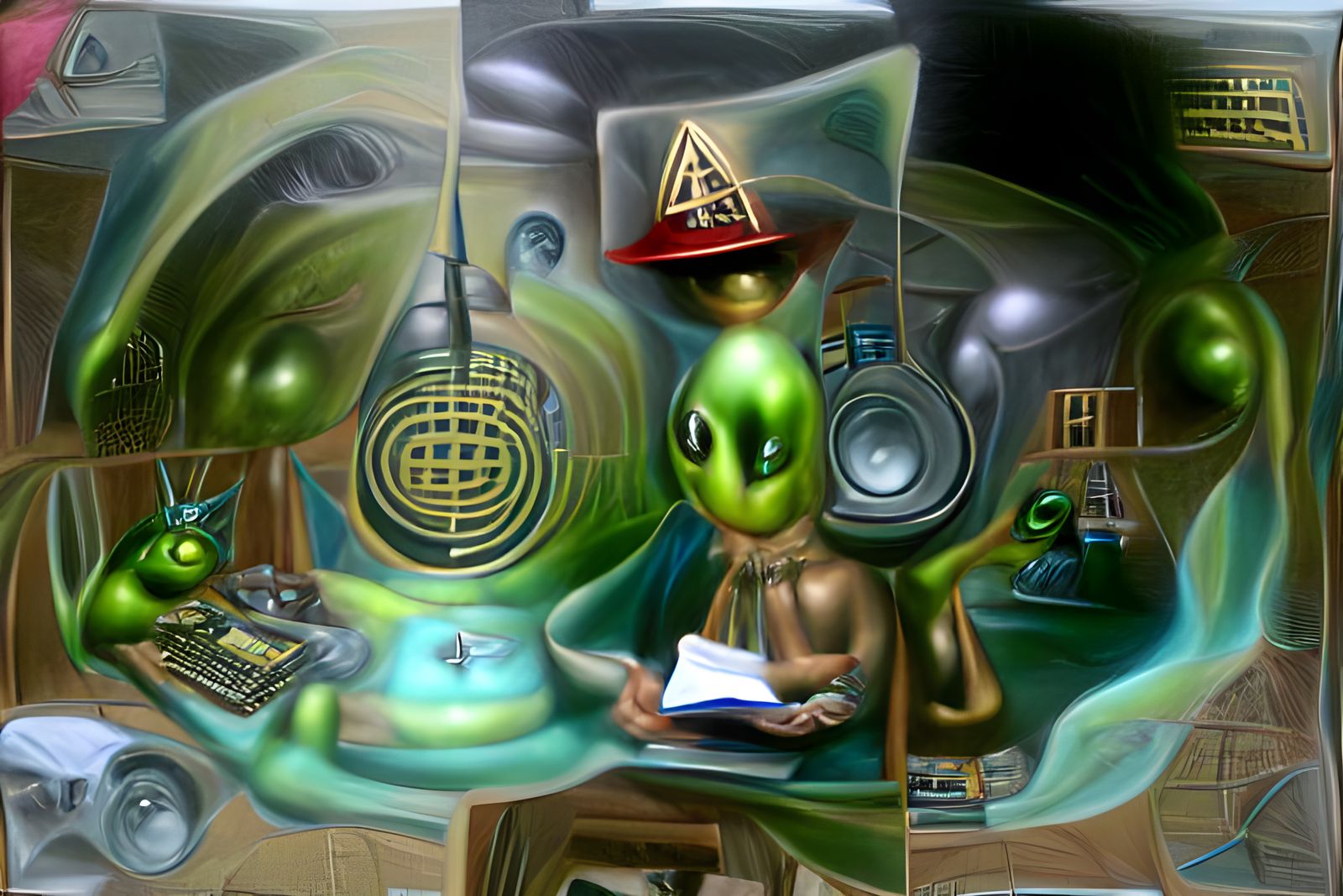 alchemist of sounds, octaedric world, detailed photorealism, trainning telepathy among aliens