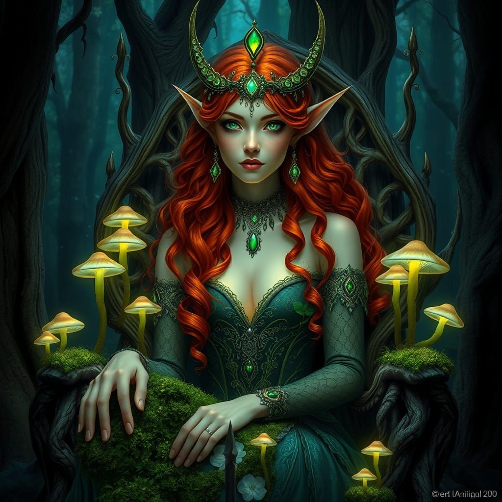 Ethereal Elven Queen in Dark Fantasy Art Nouveau Style