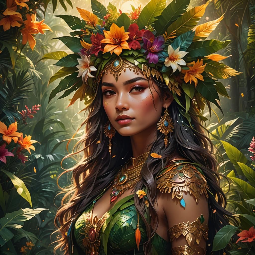 Fantasy Girl with Headdress in Lush Garden