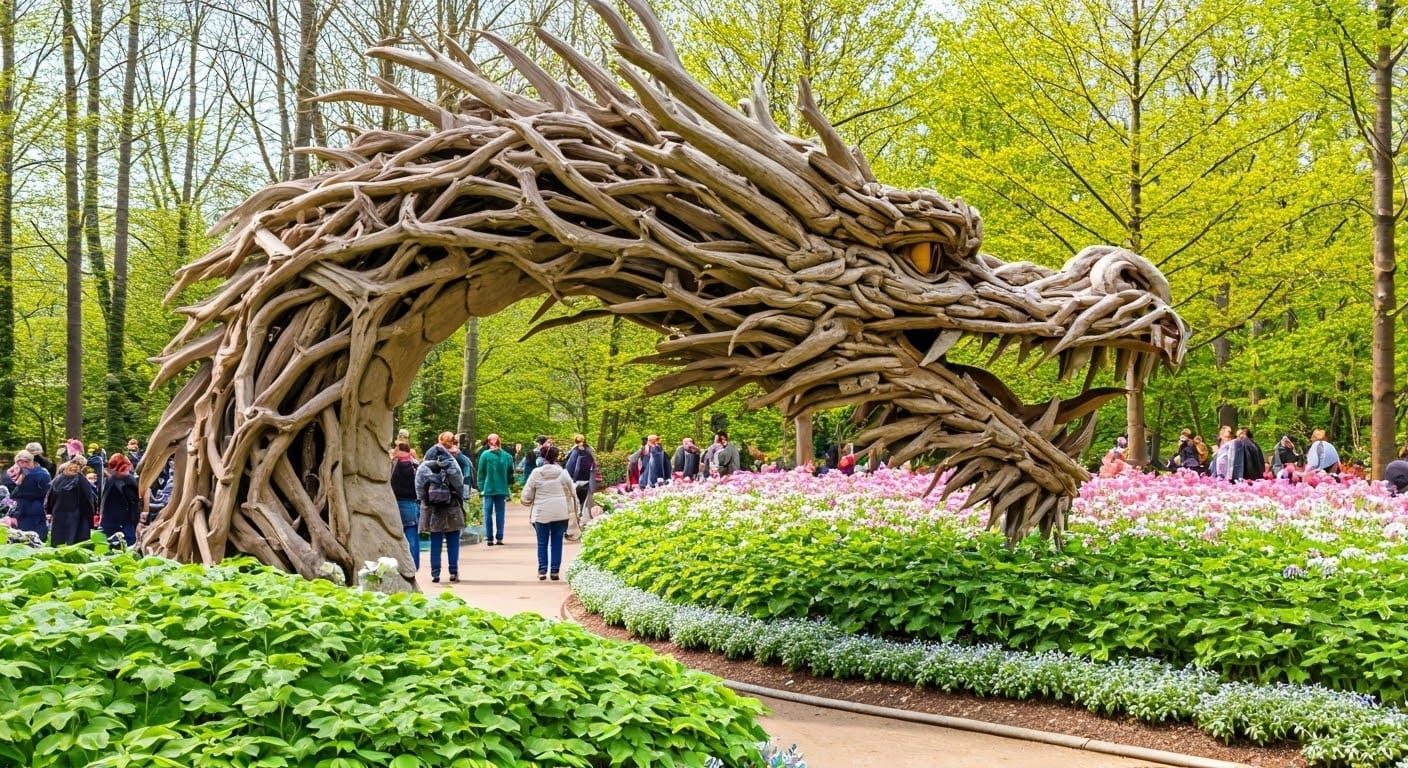 Majestic Driftwood Dragon in Vibrant Public Garden