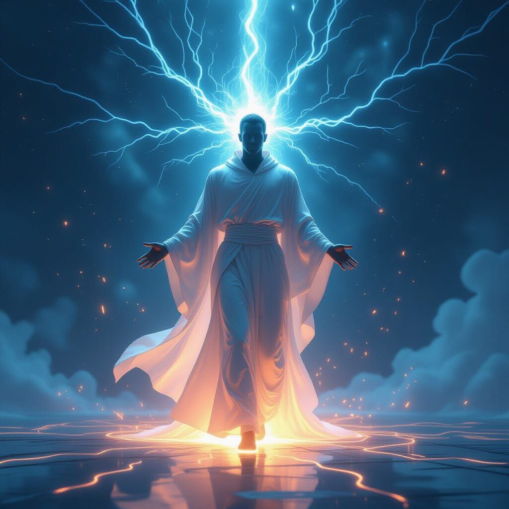 Ethereal Figure in Divine Electrical Circuit