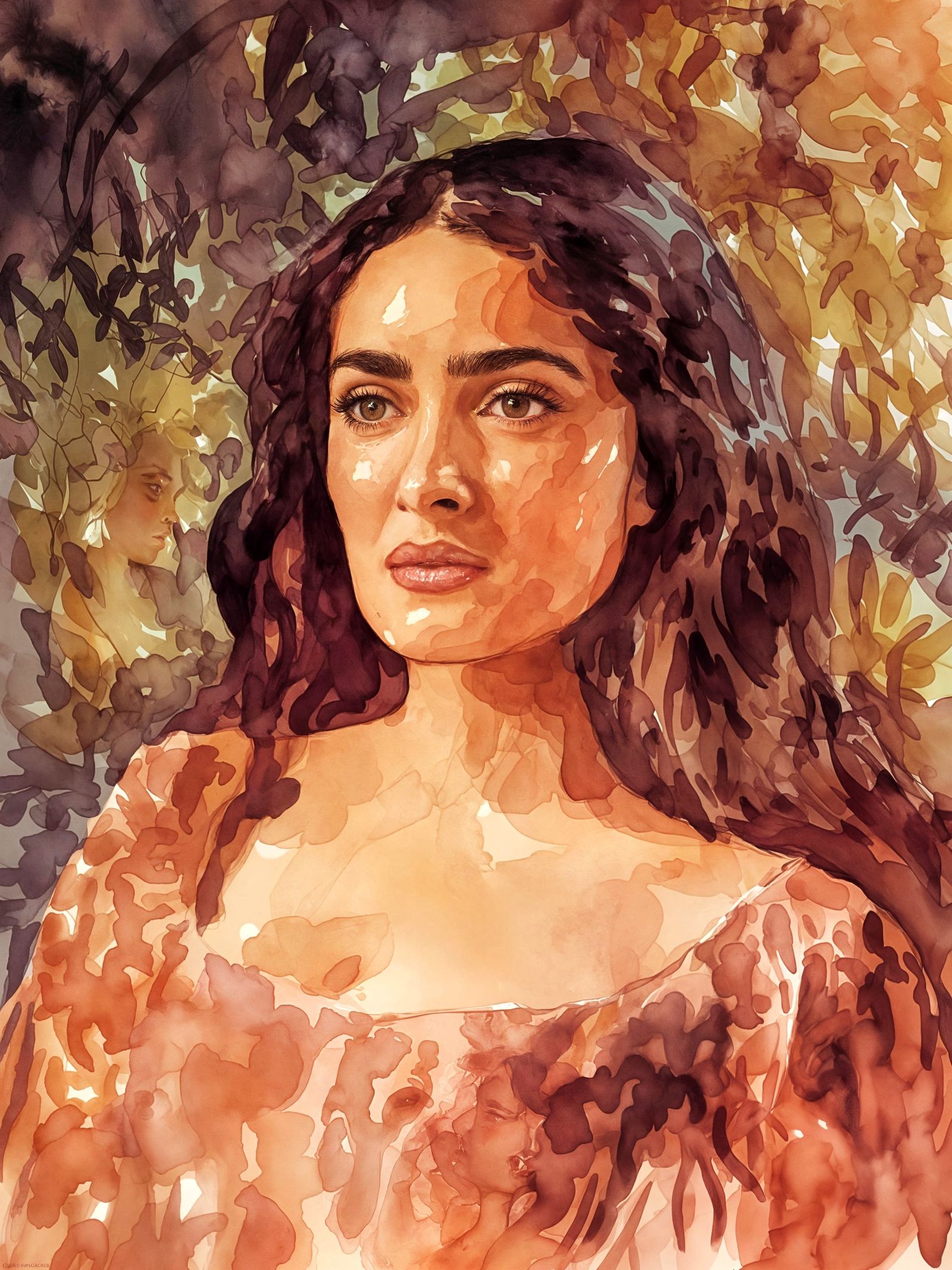Salma Hayek in Dreamlike Watercolor Portrait