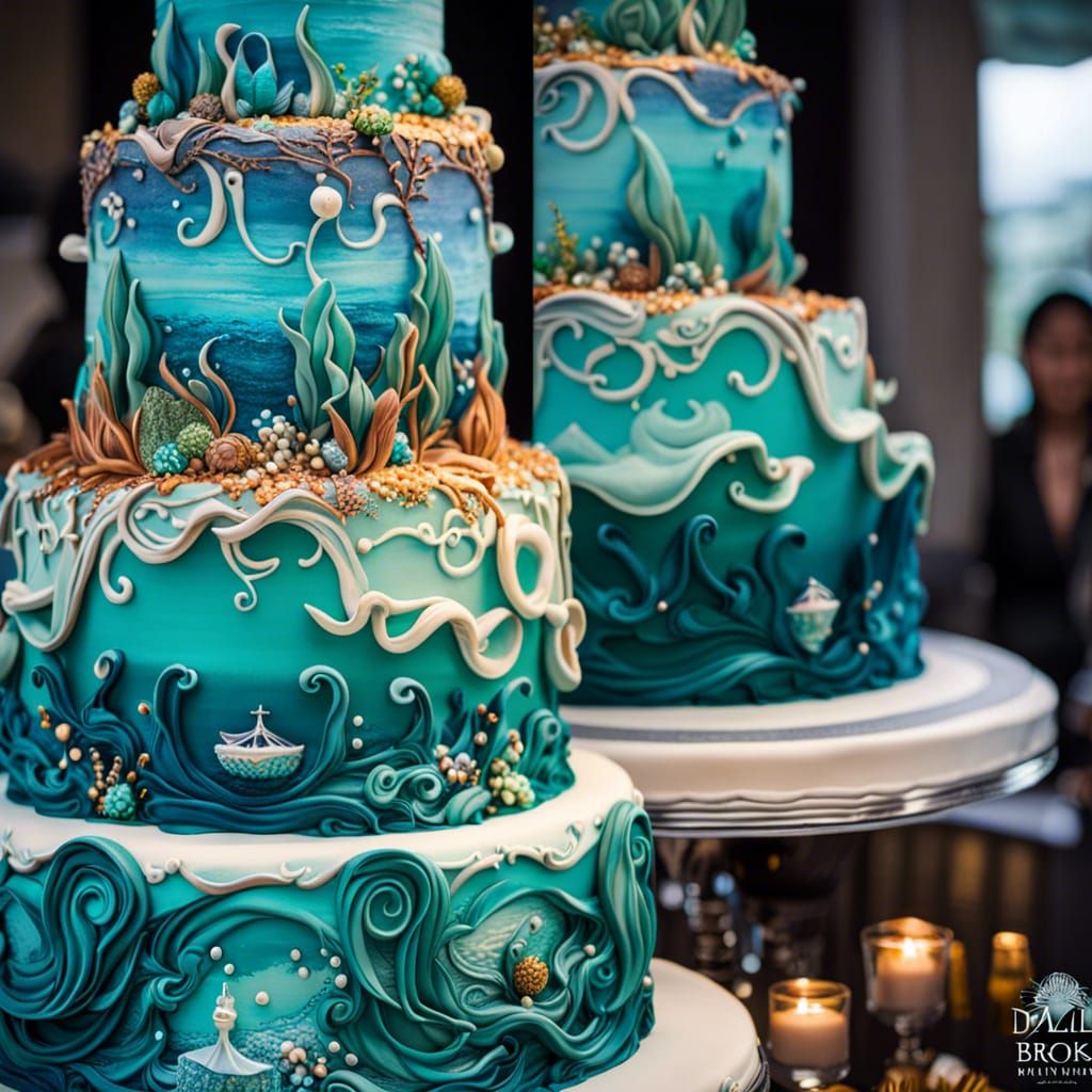 Ariel Inspired Aquatic Wedding Cake in Detailed Ink