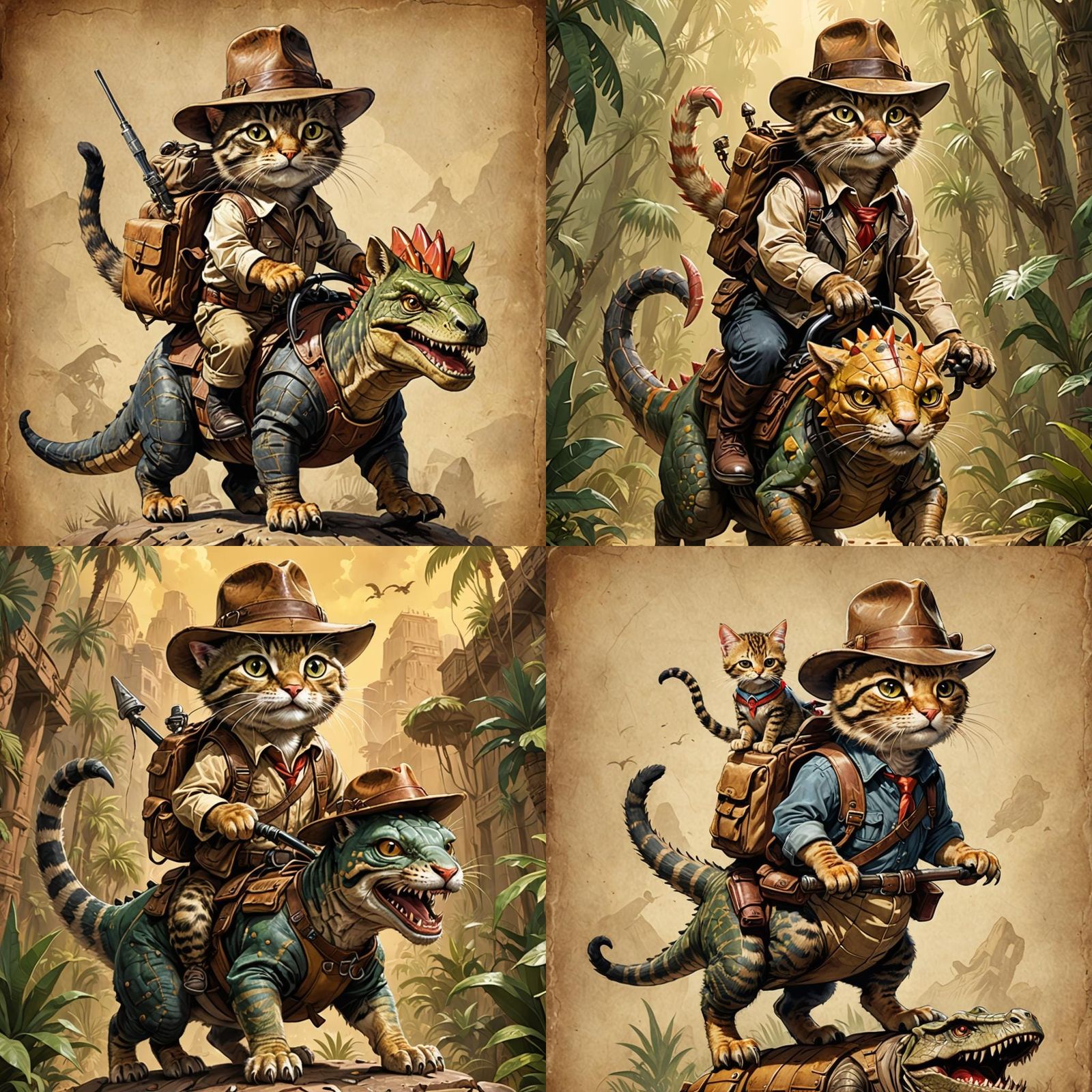 Indiana Jones Cat Riding a Stegosaurus