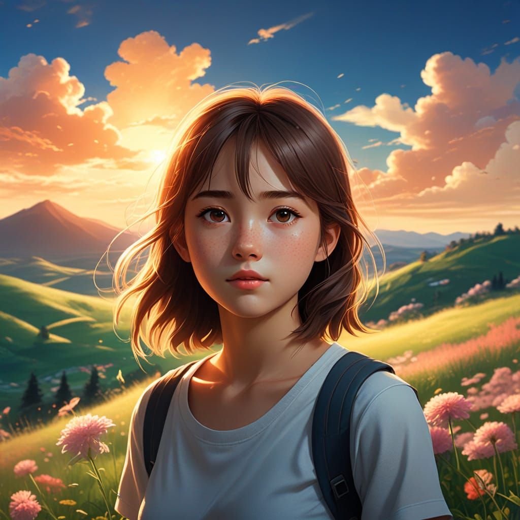 Vibrant Anime Landscape with Blooming Flowers and Gentle Hil...