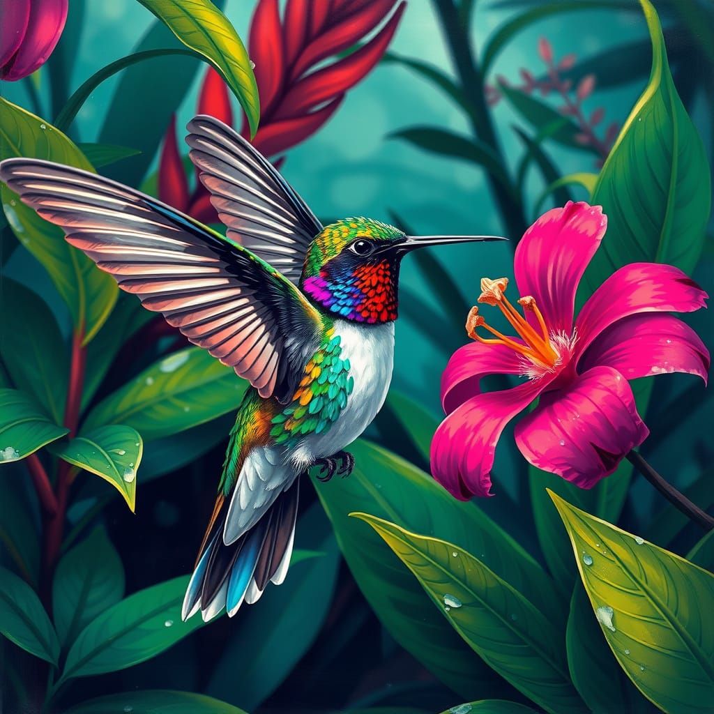 Vibrant Hummingbird in Tropical Graffiti Art