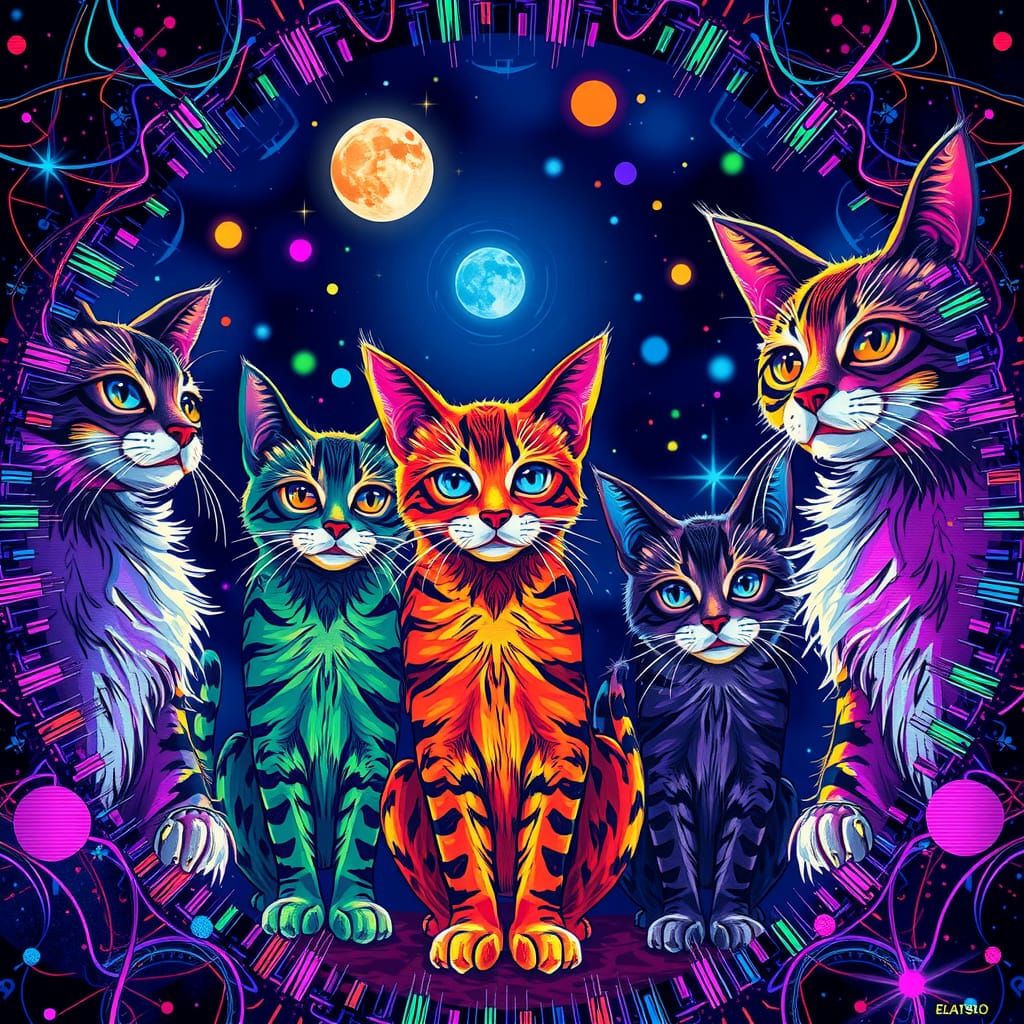 Colorful Glitch Cats Mosaic in Cinematic Style
