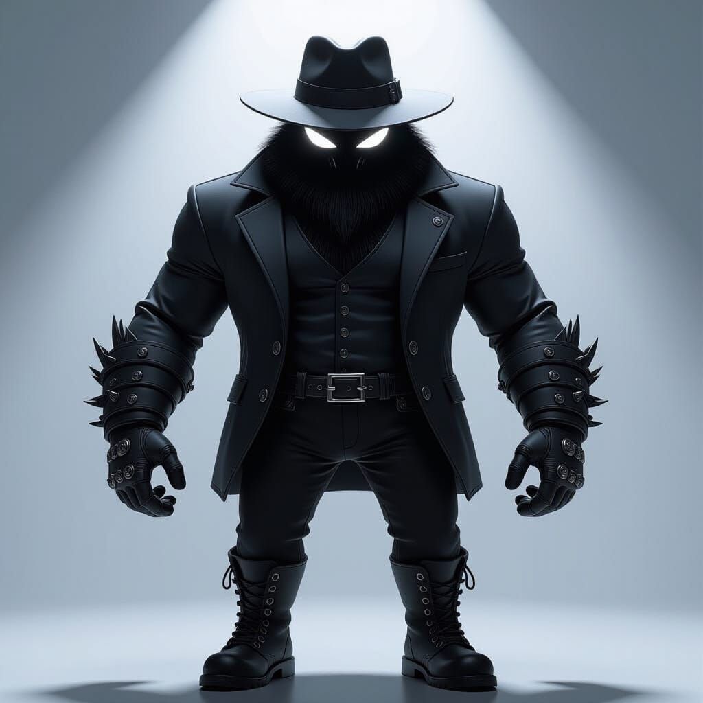 Monochrome Monster in Hat and Jacket with Glowing Eyes