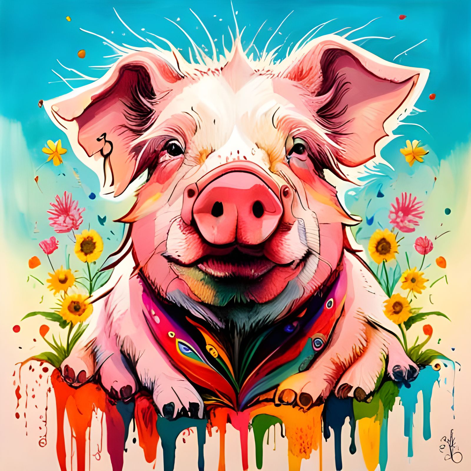 Happy Pig Portrait with Splashy Sunny Background