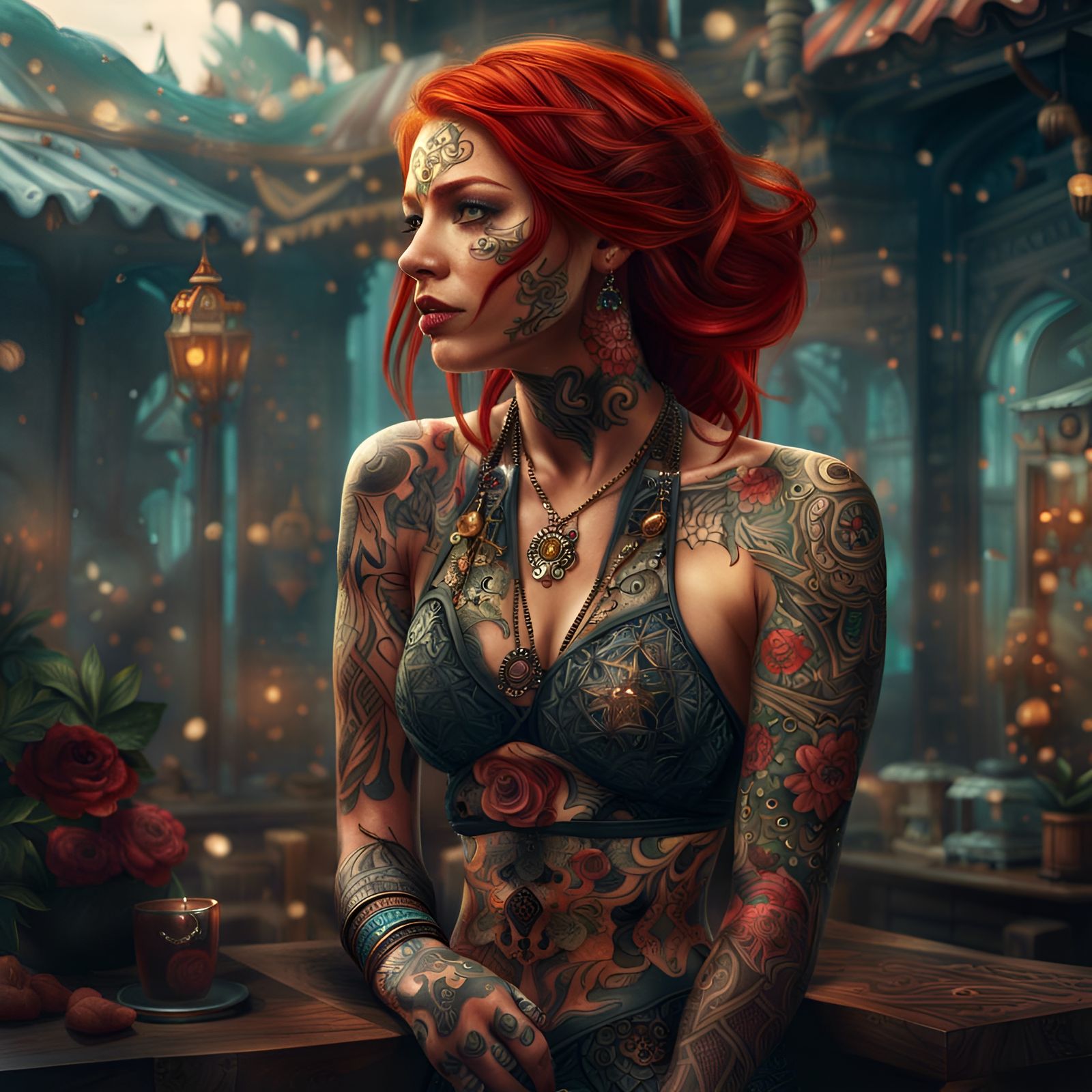 Red-Haired Tattooed Woman in Bikini: Digital Illustration