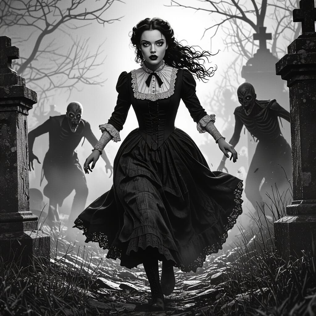 Woman Flees Graveyard in Gothic Horror Style