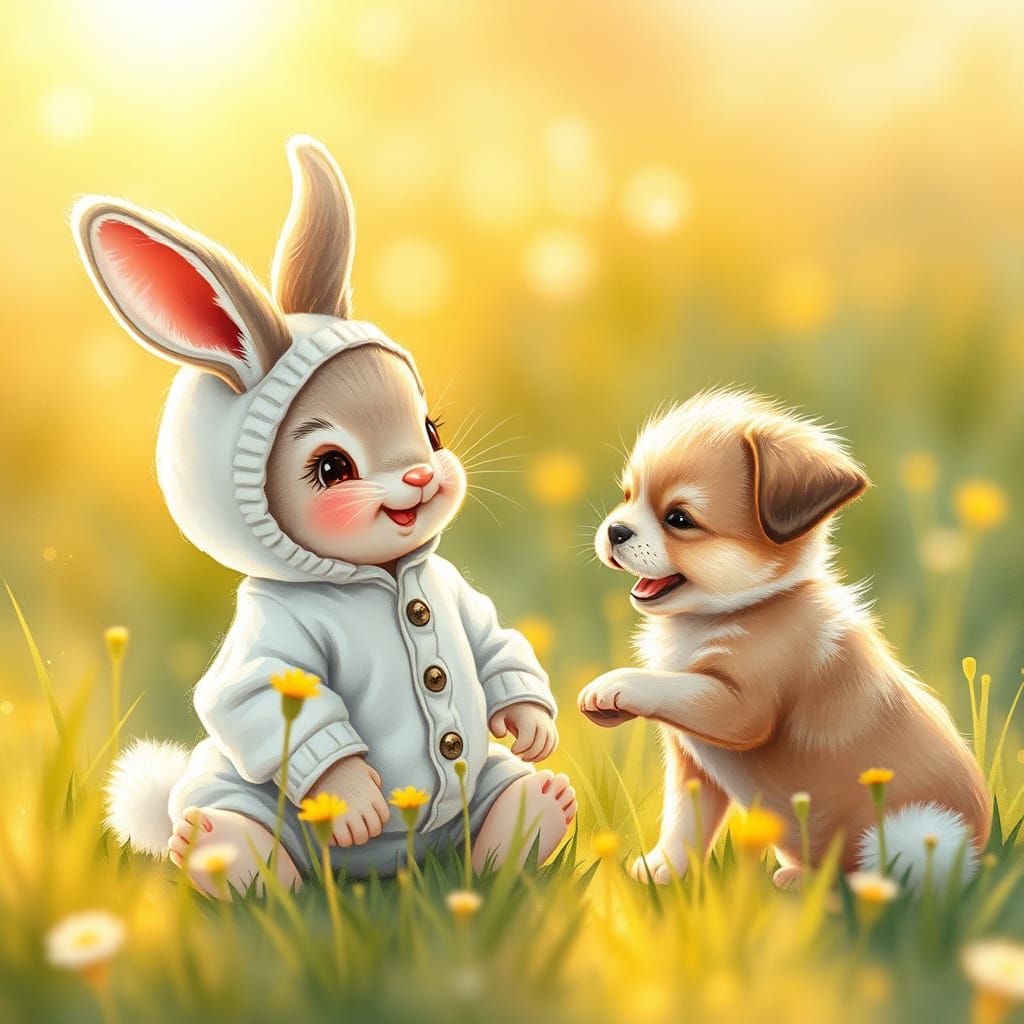 Baby Bunny Giggles at Puppy in Sunny Meadow