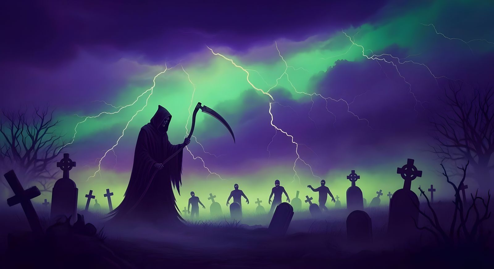 Death in a Spooky Graveyard with Fog and Zombies