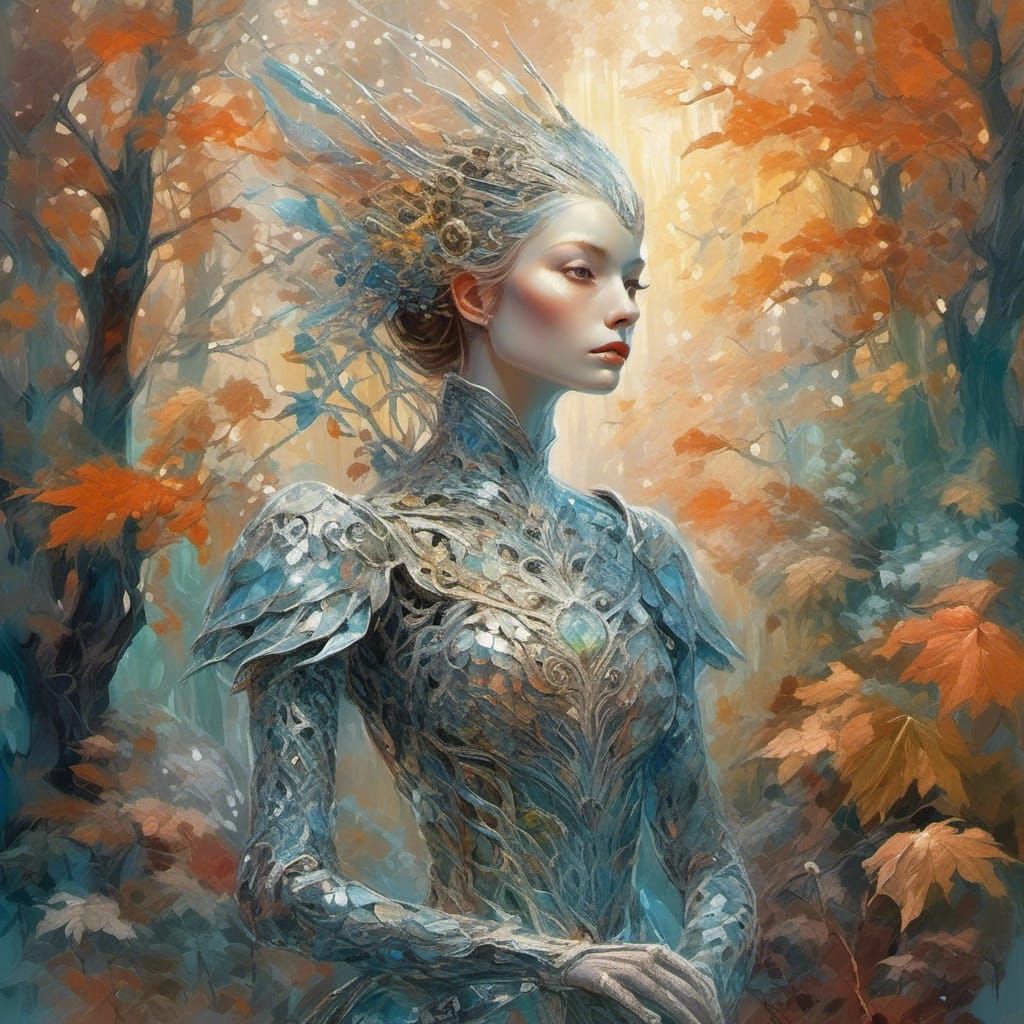 Crystalline Woman in Lush Foliage, as Digital Art