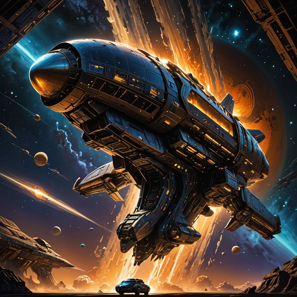 Colossal Spaceship Dominating a Planet in Cosmic Art