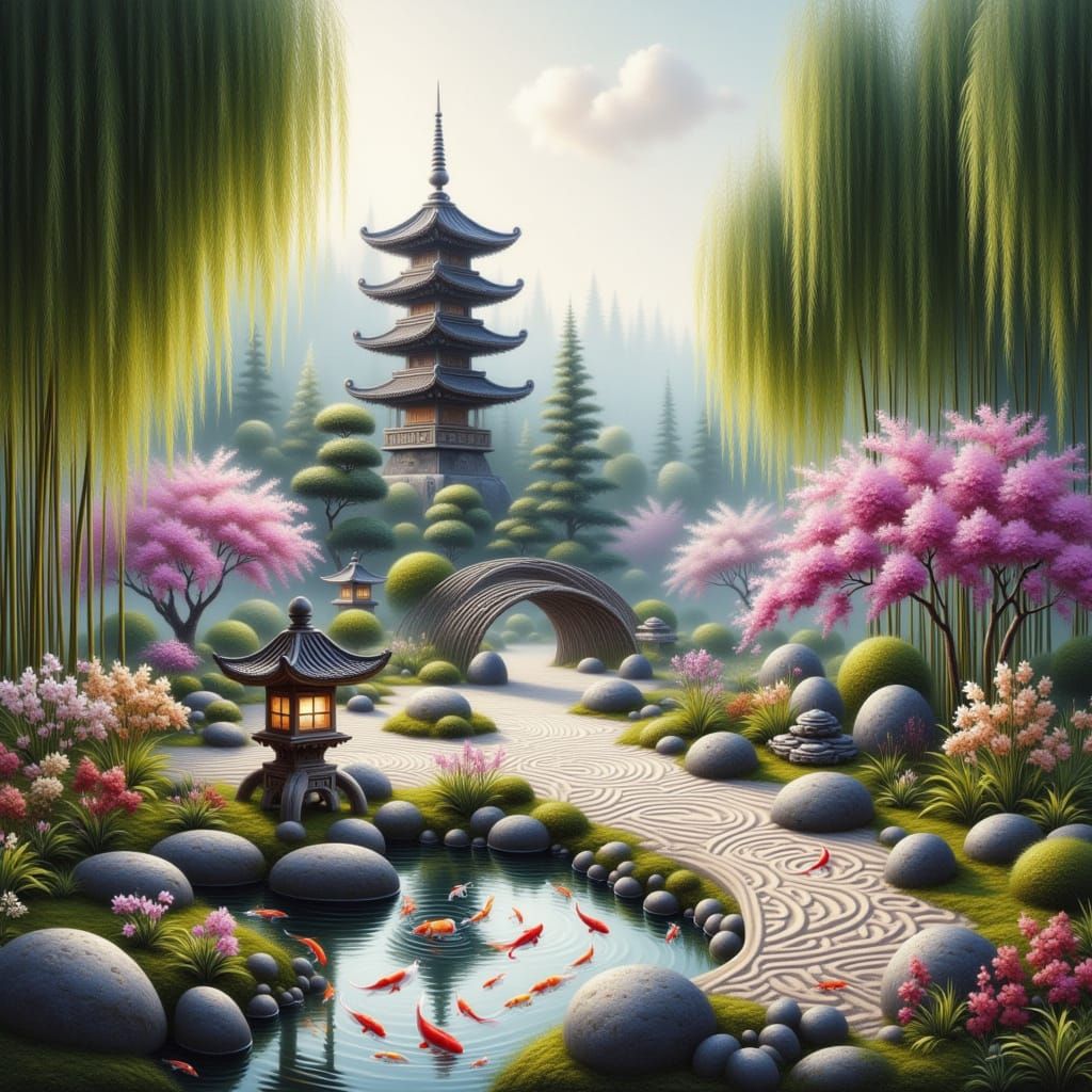 Morning mist hovers over a peaceful Japanese garden where a ...