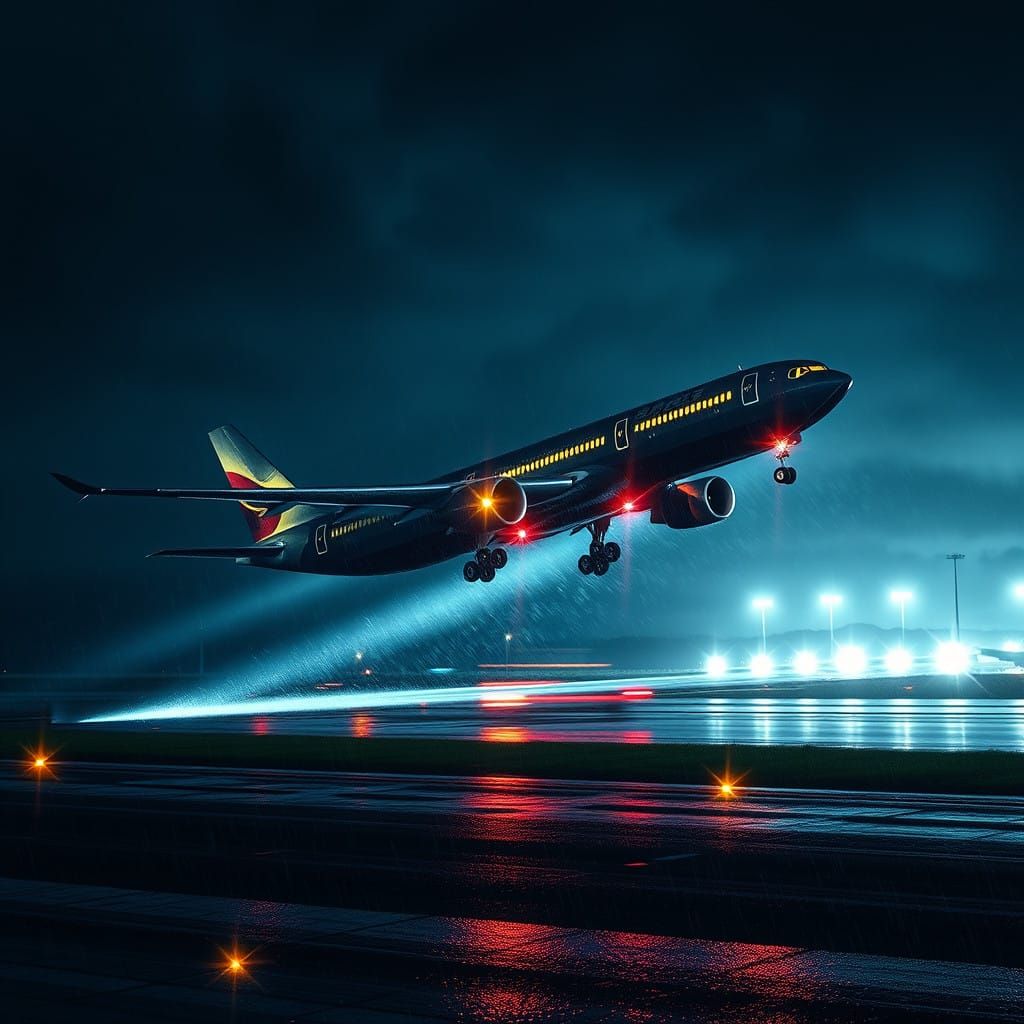 Airbus A330 Takes Off on a Rainy Night