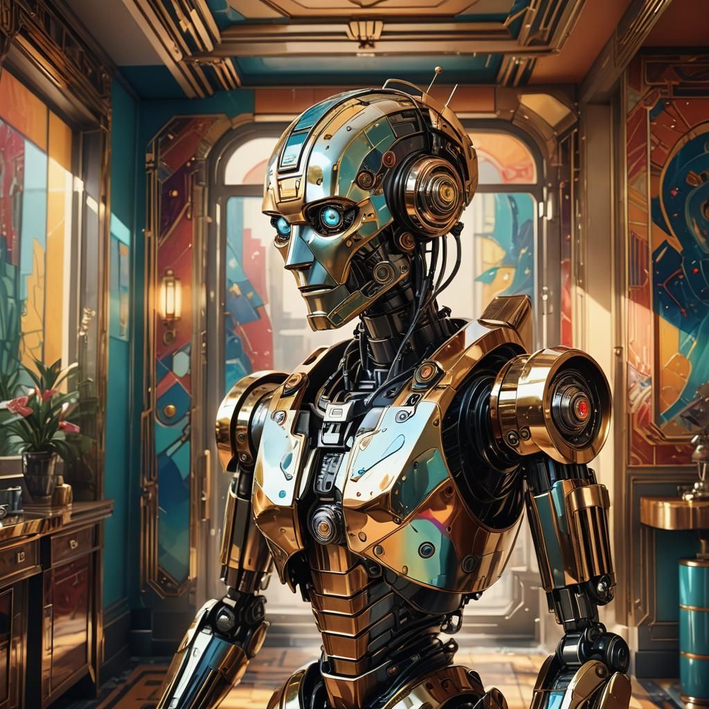 Art Deco Robot in Apartment: Hyperrealistic Splash Art
