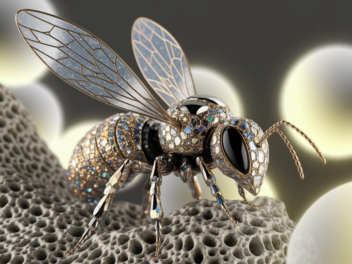 Glowing Cybernetic Bee on Gemstone Rocks