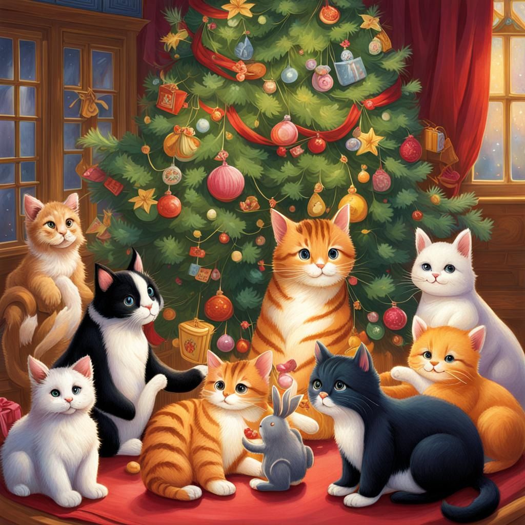 Imagine a scene where a group of cats, rabbits, puppies, bear cubs, tiger cubs, and penguins are celebrating Christmas i...