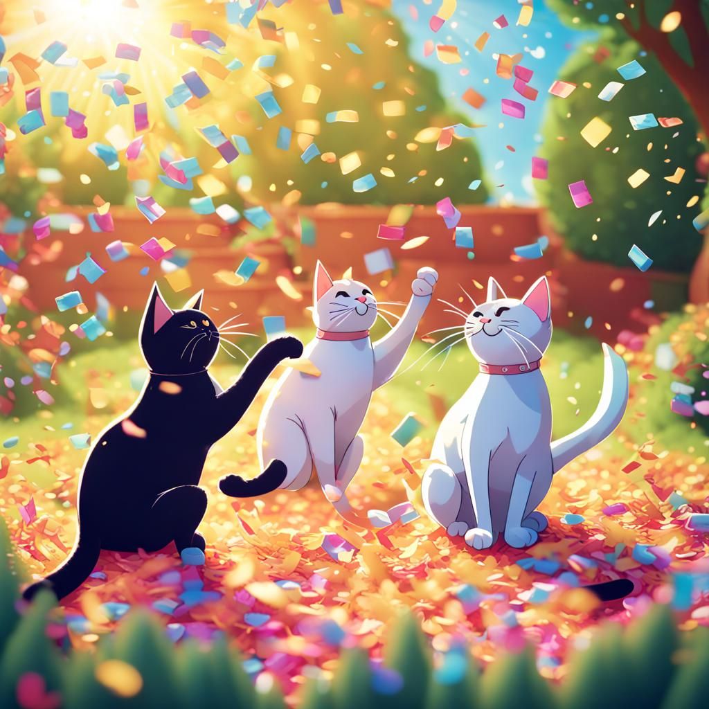 Cats' Confetti Celebration in Comic Style