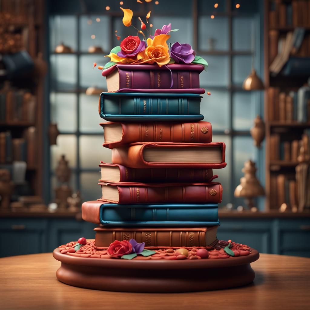 Colorful Book Stack Cake Sculpture: Detailed Matte Painting