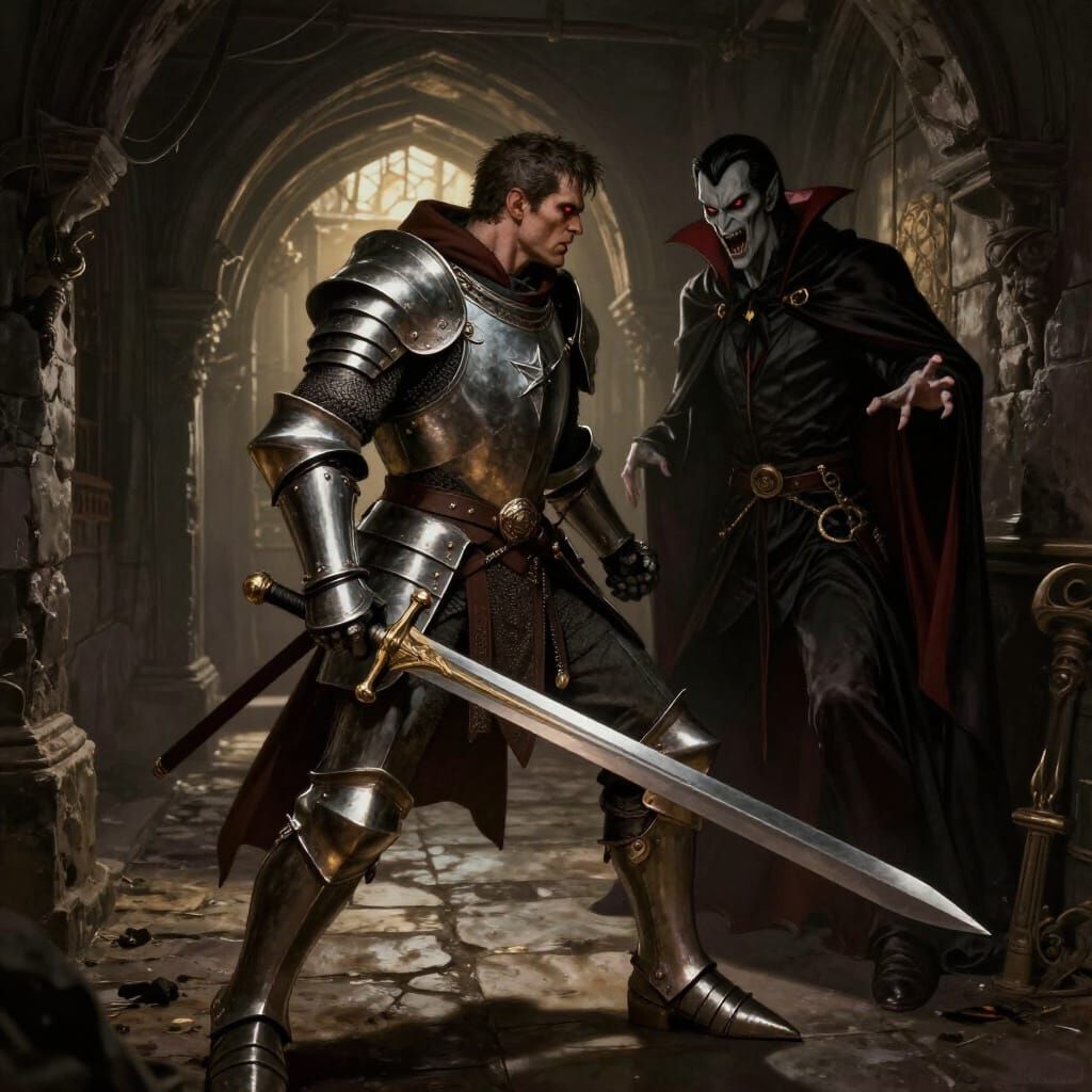 Soldier Battles Vampire in Dark Fantasy Hallway