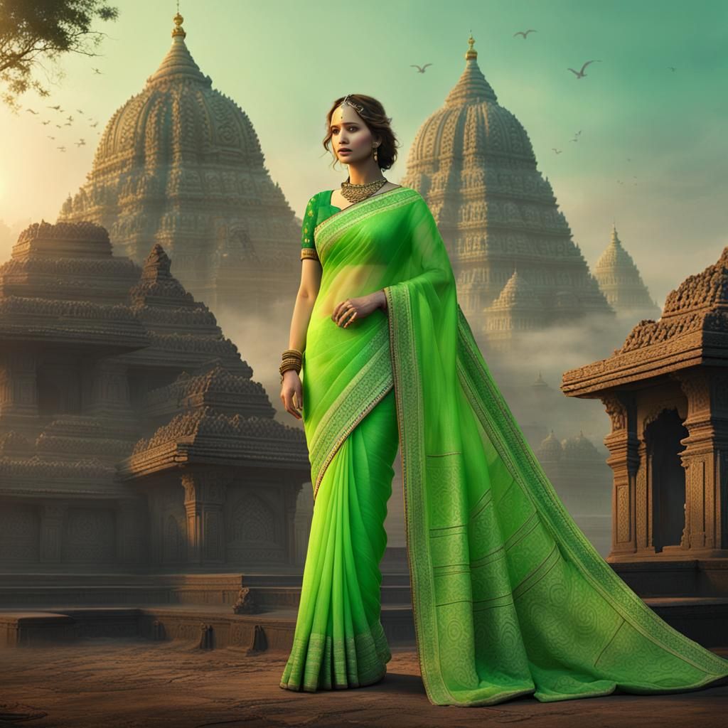 Jennifer Lawrence in Neon Green Saree