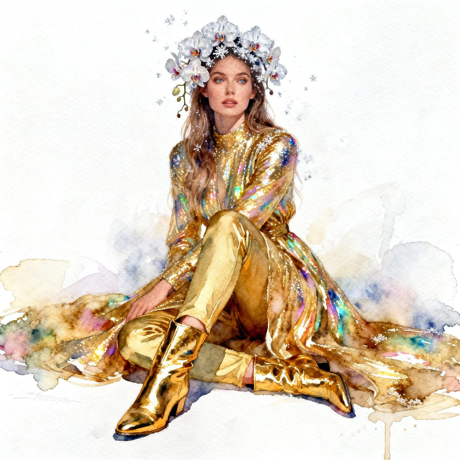 Elegant Woman in Golden Winter Dress, Hyperrealistic Waterco...