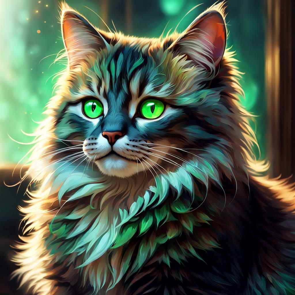 Glowing Emerald Feline Portrait in Vibrant Digital Art