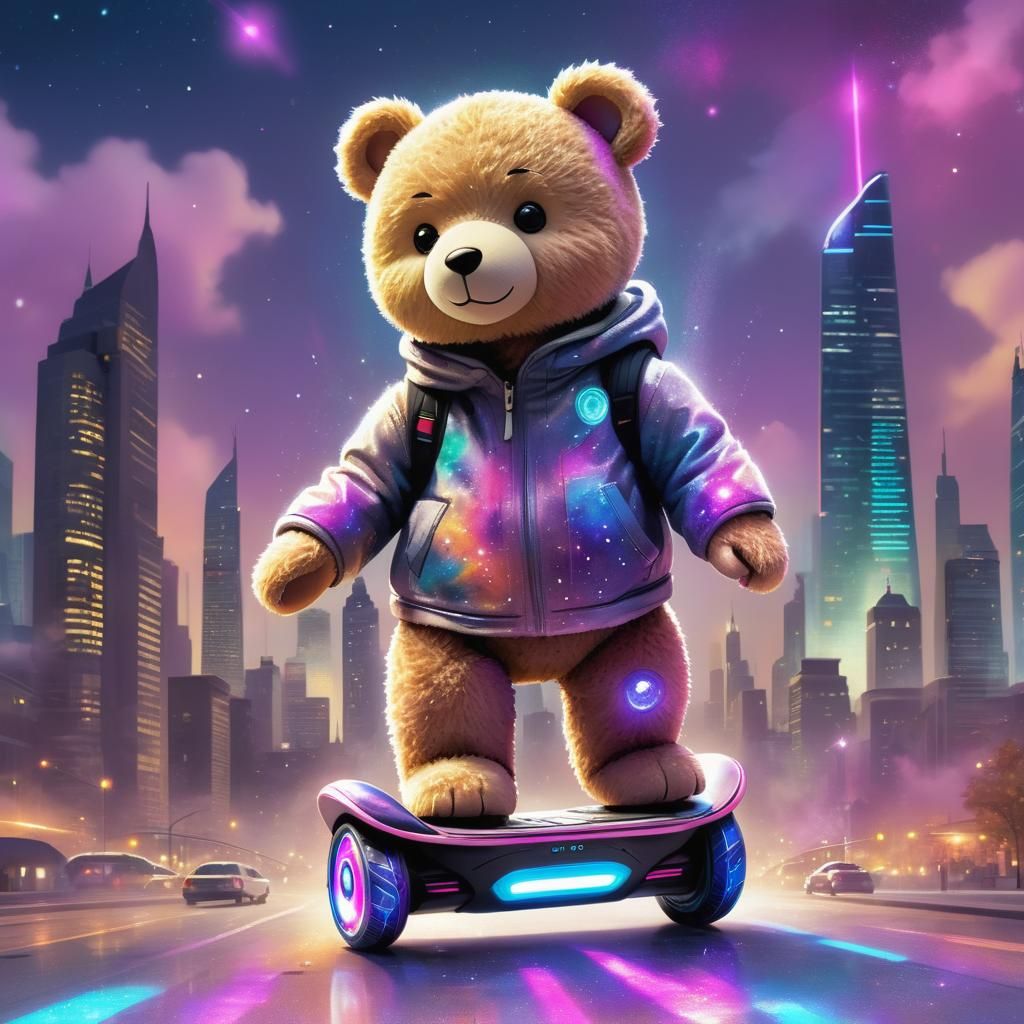 “A charming teddy bear glides effortlessly on a sleek, futur...