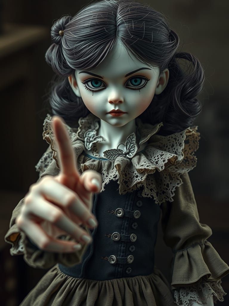 Menacing Gothic Doll in Victorian Dress, Sharp Focus