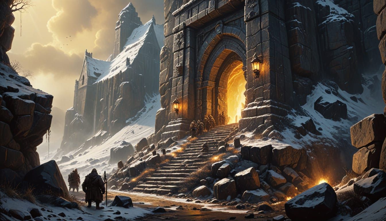 Dwarves Guard Mine Entrance in Dark Fantasy Style