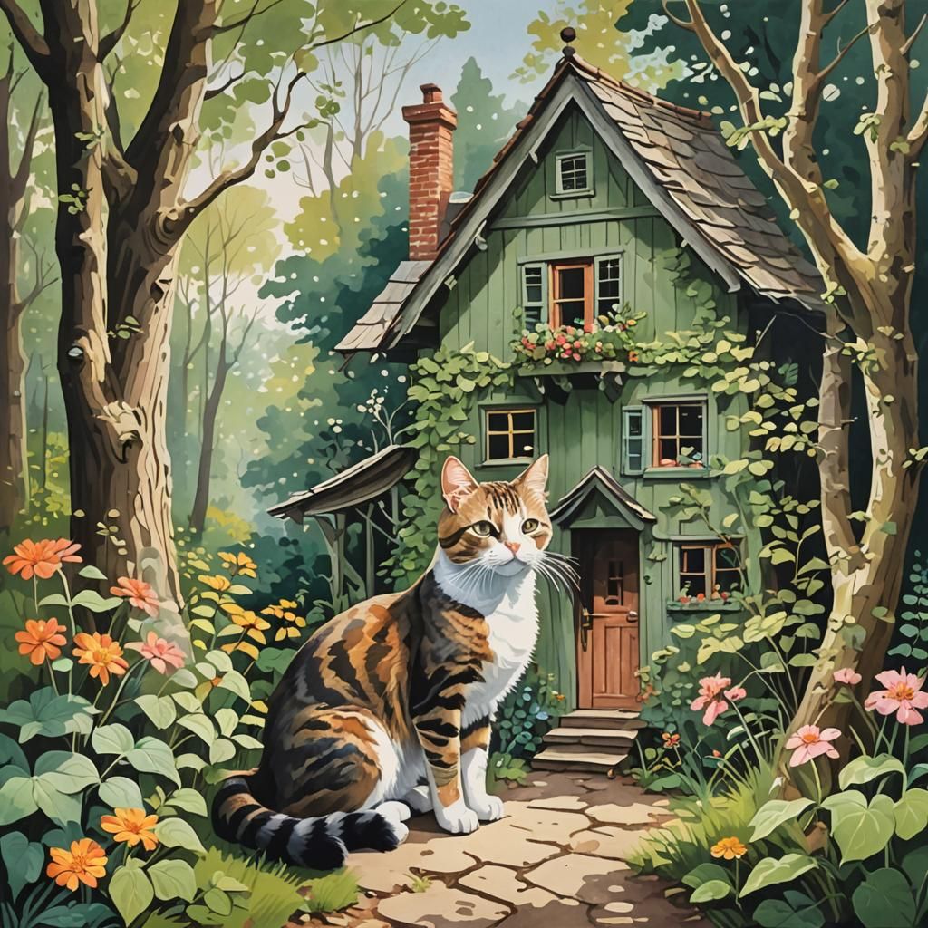 Whimsical Cat in a Wood: Detailed Gouache Painting