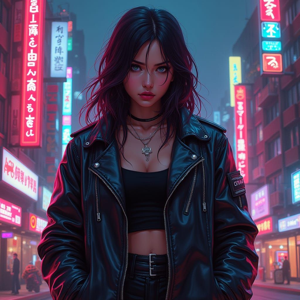 Cyberpunk Woman in Neon Cityscape as Gouache Art