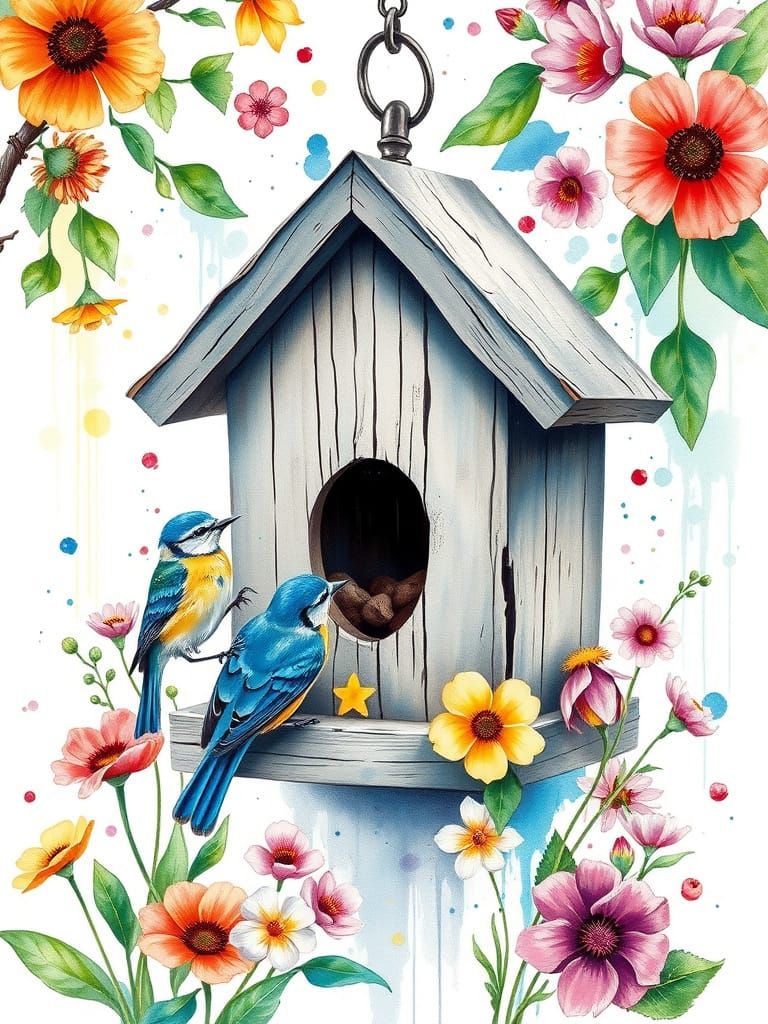 Vibrant Spring Birdhouse in Watercolor Style