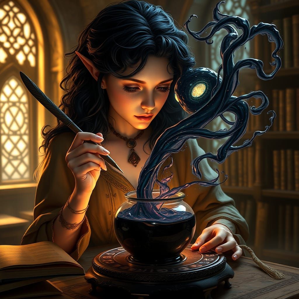 Elf Summons Ink Creature in Mystical Library
