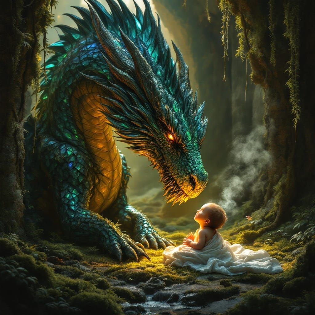 Dragon's Gentle Encounter with a Curious Infant