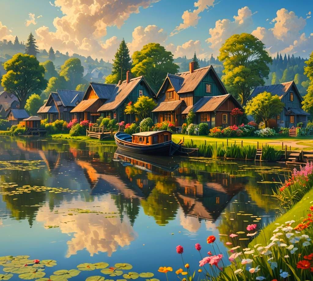 Riverside Village with Flower Meadows in Splash Art
