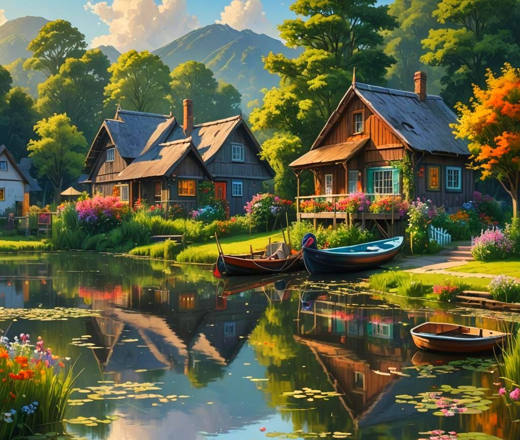 Serene Riverside Village with Flower Meadows, Hyperrealistic