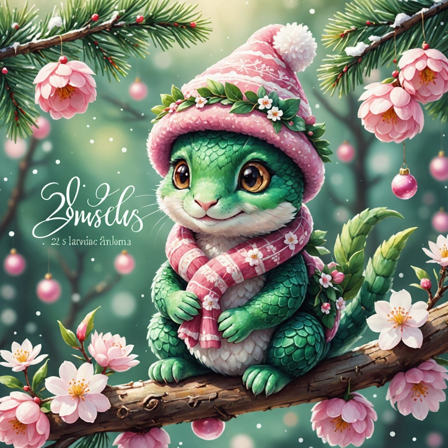 Whimsical Christmas Snake in Miyazaki Style