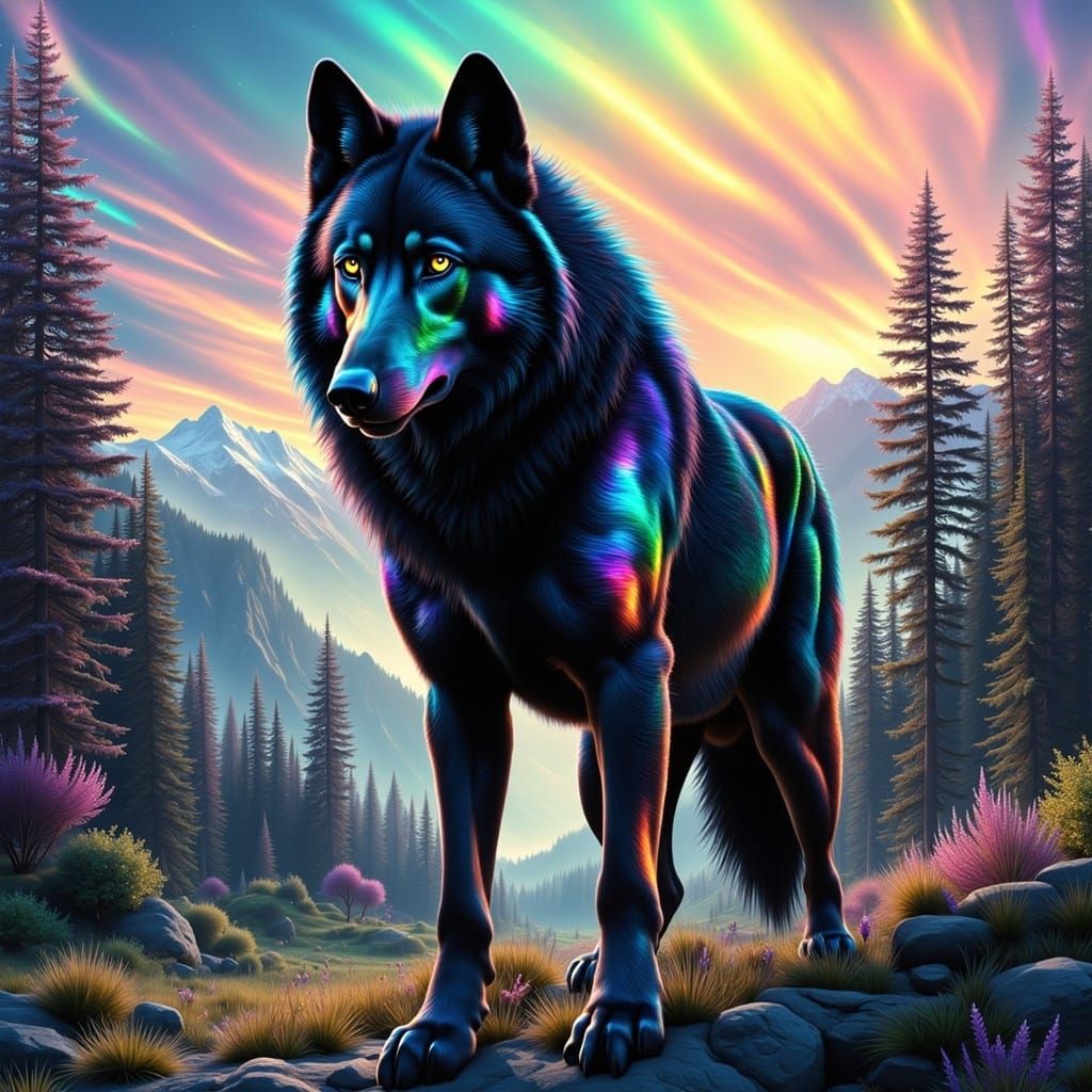 Majestic Black Wolf with Iridescent Rainbow Fur, Set Against...