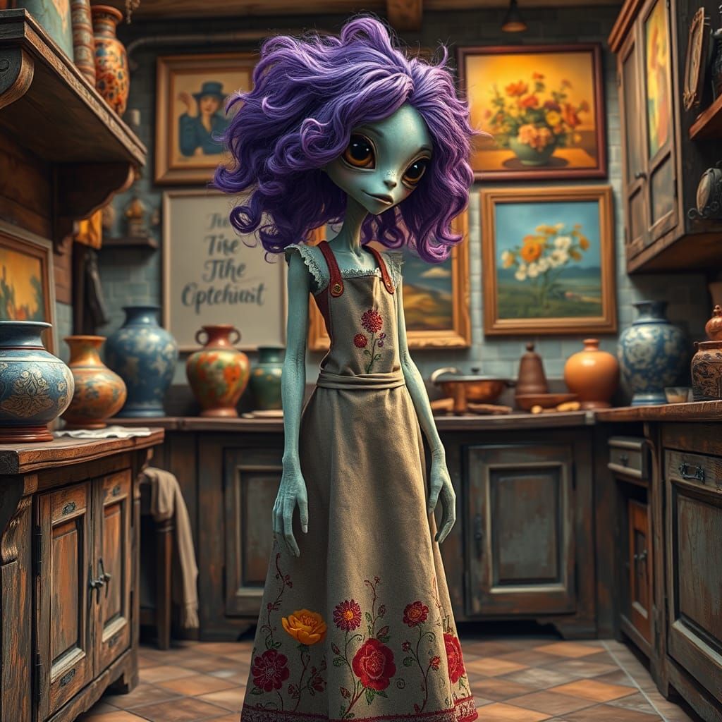 Dreamlike Alien in 19th-Century Kitchen, Kandinsky Style