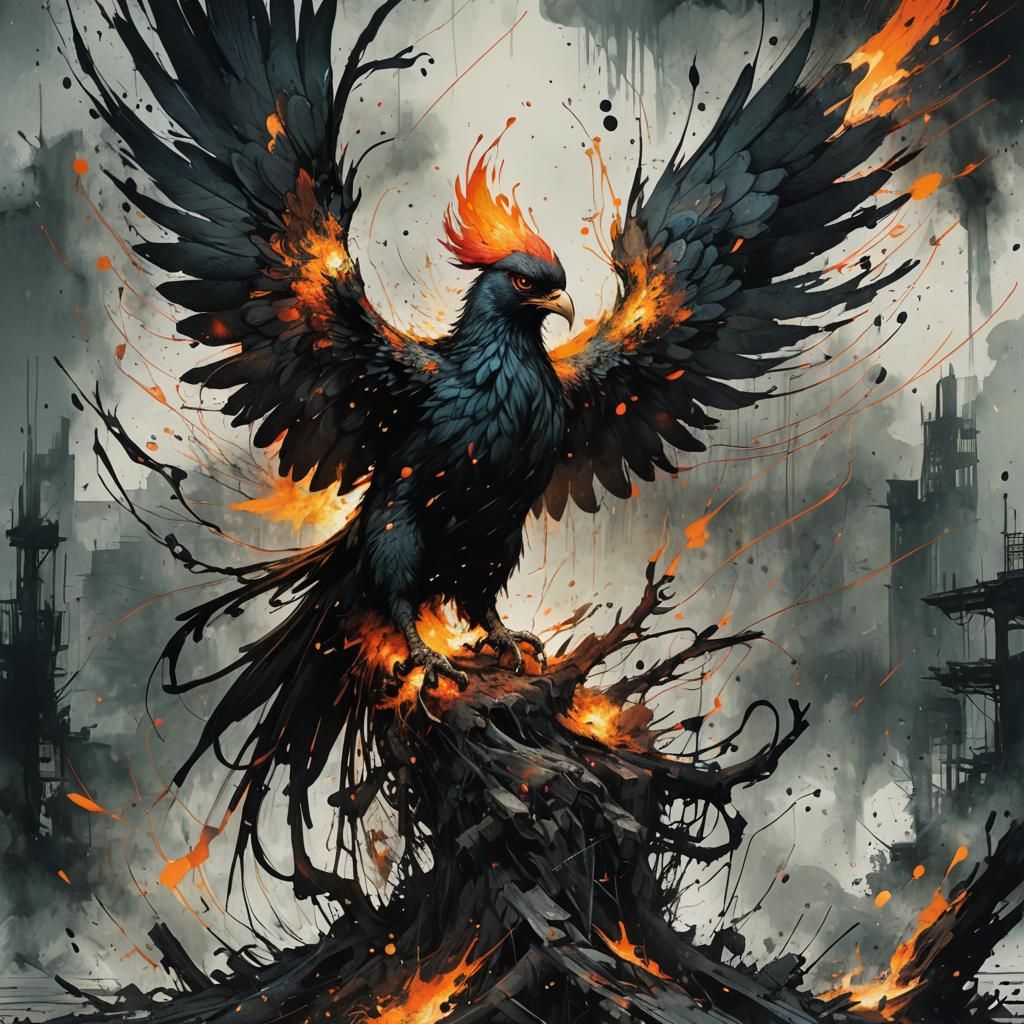Fiery Black Phoenix Rising from Ashes