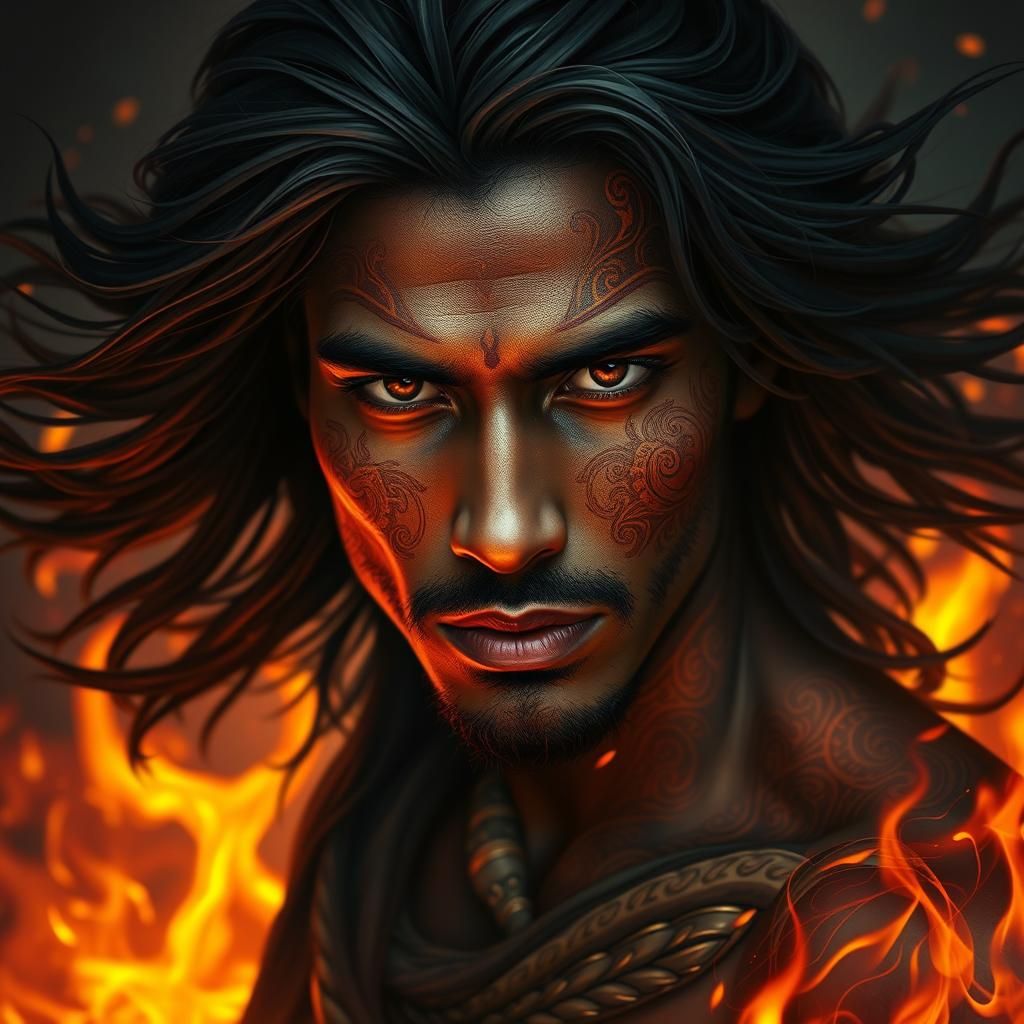 Fire Elemental Man with Flowing Hair in Cinematic Realism