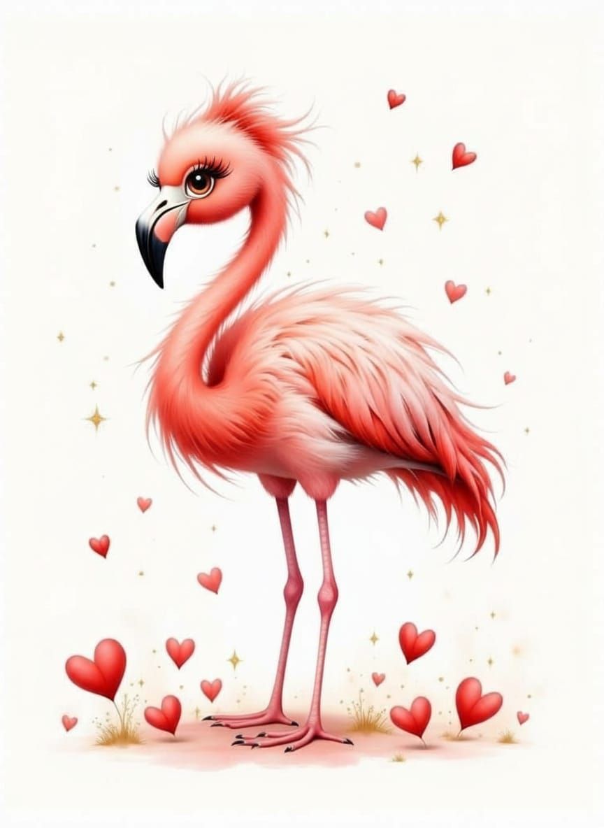 Elegant Flamingo with Valentine Accents in Watercolor Style